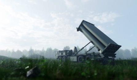 Military truck with hydraulic cylinders extended